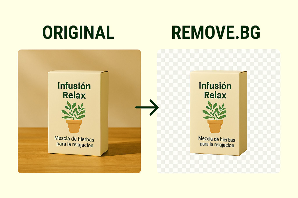 Comparación entre foto original de producto y versión sin fondo usando Remove.bg