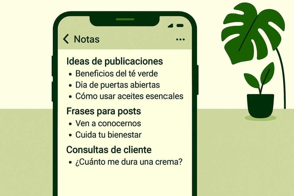 Notas en el móvil con ideas de publicaciones para redes sociales del herbolario