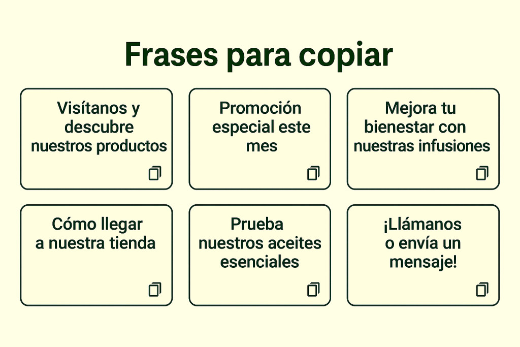 Diseño con frases listas para copiar y usar en redes sociales de un herbolario
