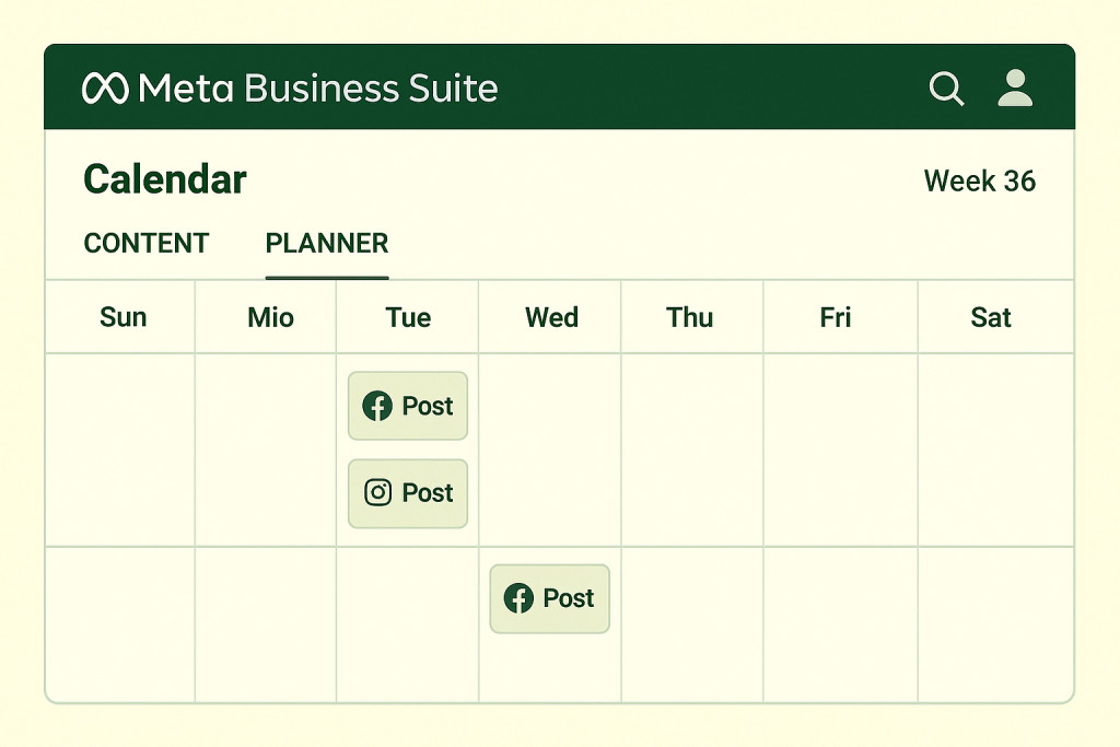 Calendario de publicaciones de Meta Business Suite con varios posts programados