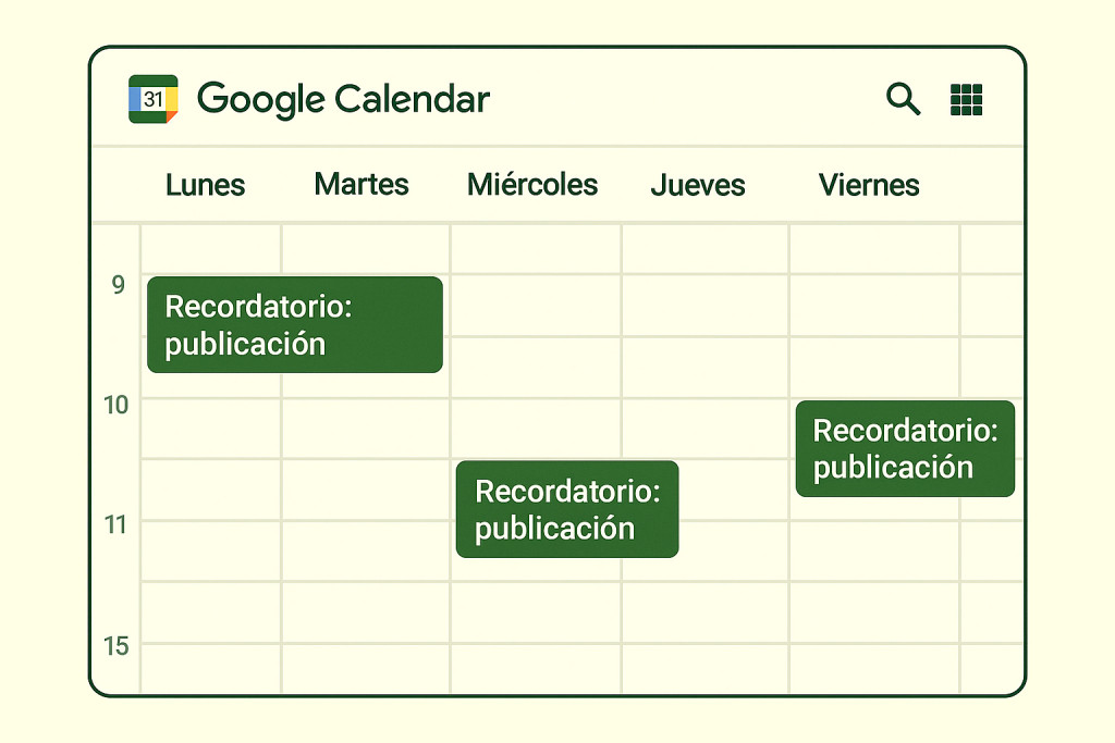 Vista de calendario semanal con recordatorios para publicaciones de herbolario