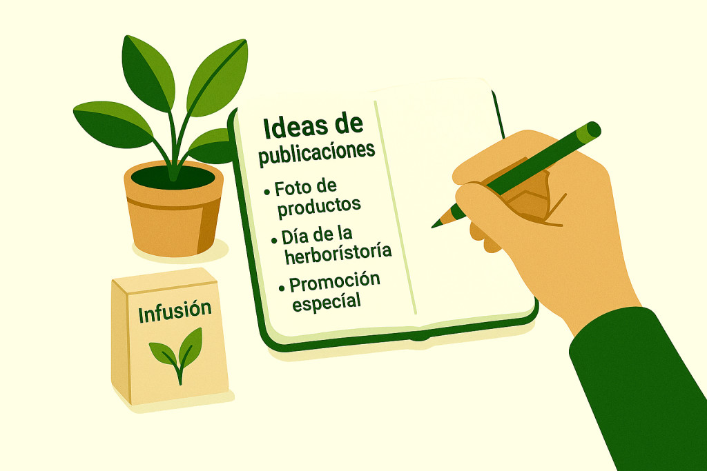 Mano escribiendo ideas en una libreta con decoración de herbolario