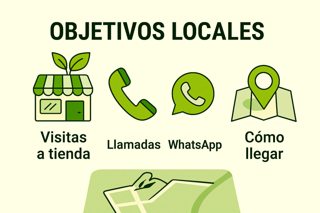 Esquema de objetivos locales: visitas, llamadas, WhatsApp, cómo llegar