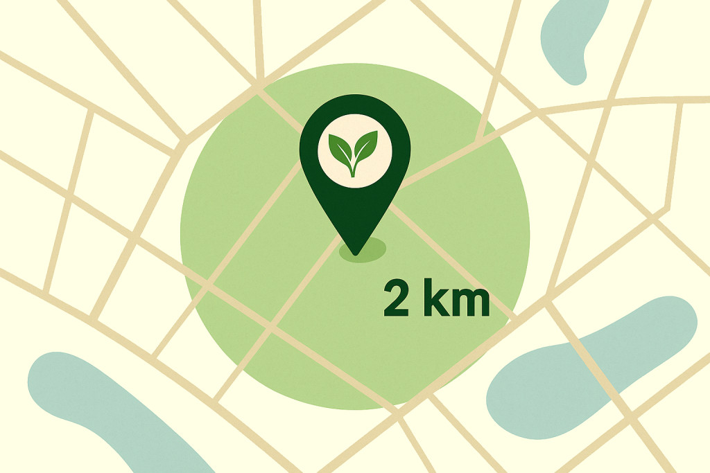 Mapa con pin del herbolario y radio de 2 km alrededor