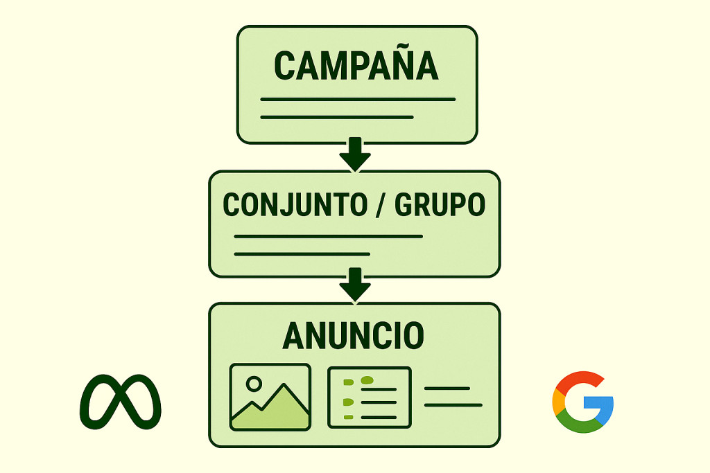 Diagrama de estructura de campañas en Meta y Google