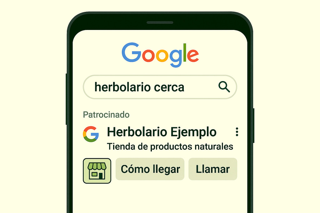 Anuncio local en Google con botones de Cómo llegar y Llamar, vinculado al Perfil de Empresa