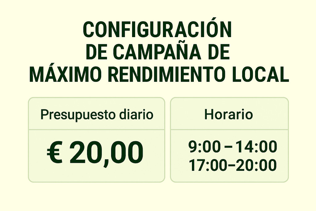 Configuración de campaña de máximo rendimiento local: presupuesto diario de 20€ y horarios comerciales