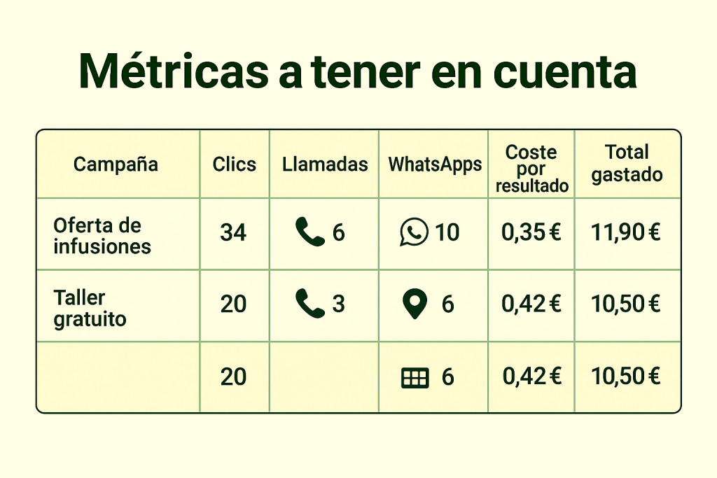 Vista tipo panel con métricas clave de anuncios locales: clics, llamadas, mensajes y gasto total