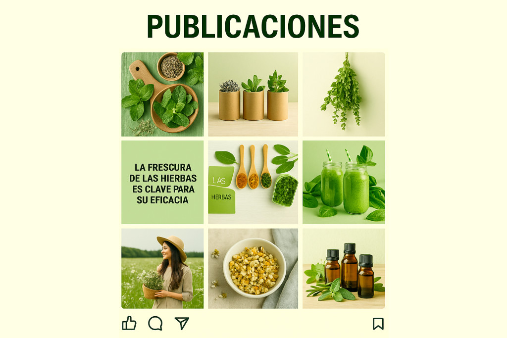 Cuadrícula 3x3 con ejemplos de publicaciones de herbolario