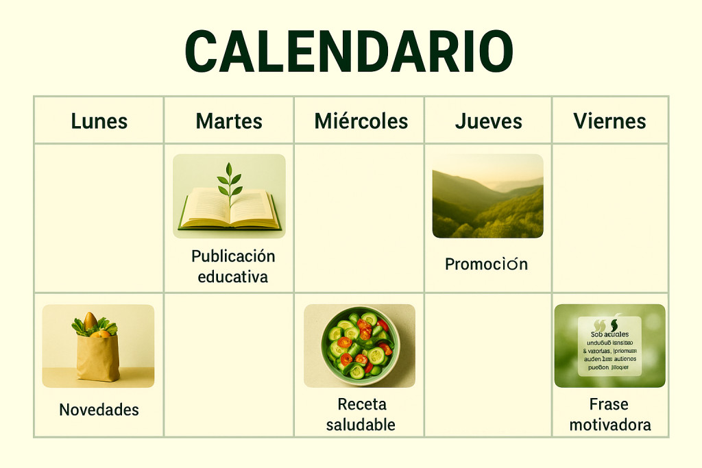 Calendario semanal de contenidos con ejemplo de 2 semanas