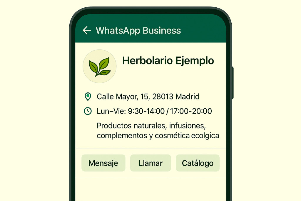 Pantalla de perfil de WhatsApp Business configurado para un herbolario