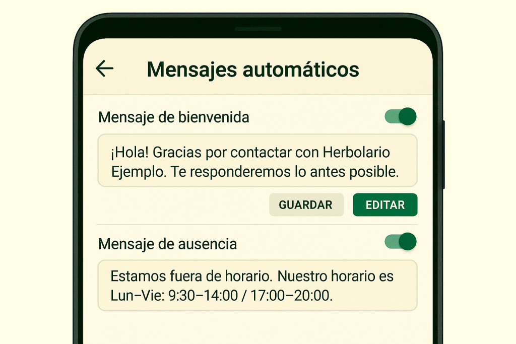 Ejemplo de configuración de mensaje automático en WhatsApp Business