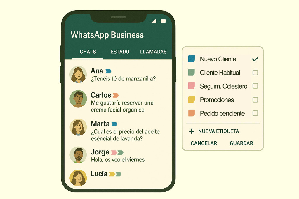 Pantalla mostrando uso de etiquetas en WhatsApp Business